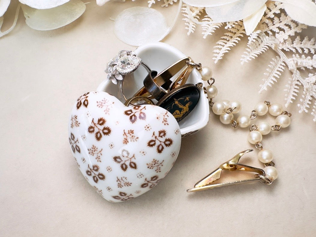 Heart Jewelry Box, Vintage Milk Glass Japanese Trinket Box, White Porcelain Fine China with Brown Flowers