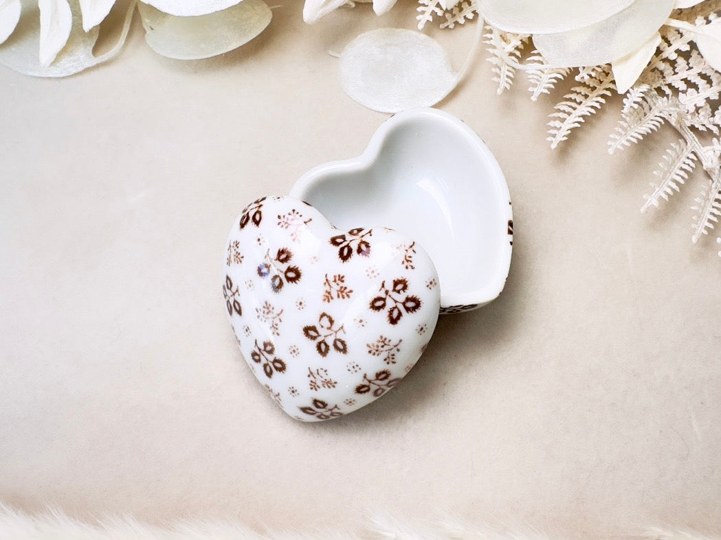 Heart Jewelry Box, Vintage Milk Glass Japanese Trinket Box, White Porcelain Fine China with Brown Flowers