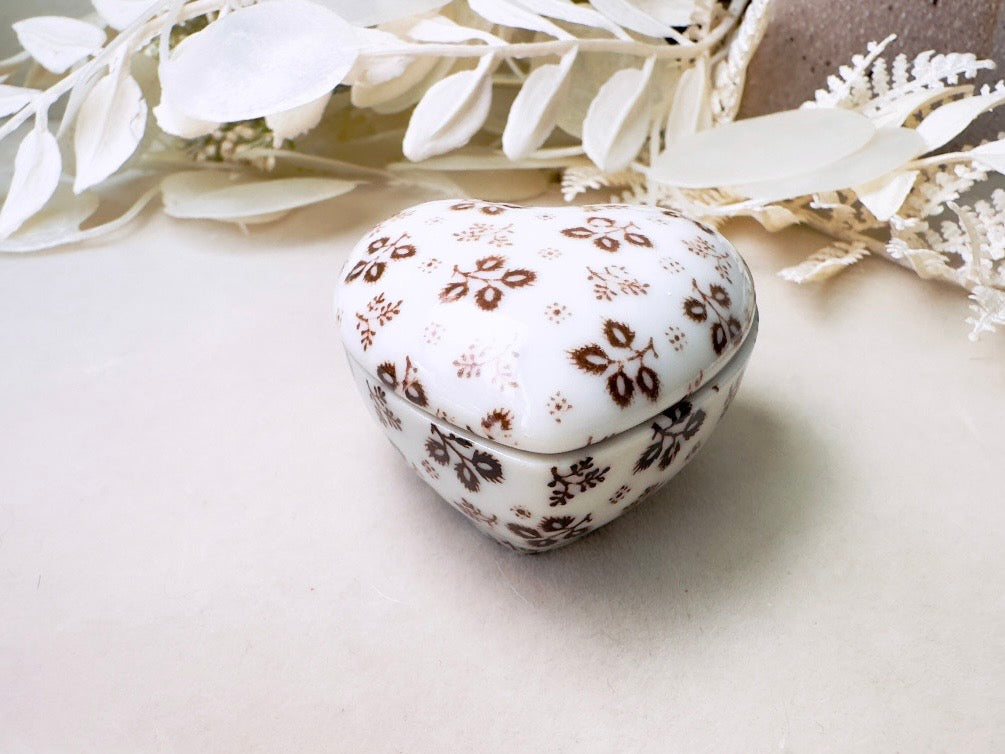 Heart Jewelry Box, Vintage Milk Glass Japanese Trinket Box, White Porcelain Fine China with Brown Flowers