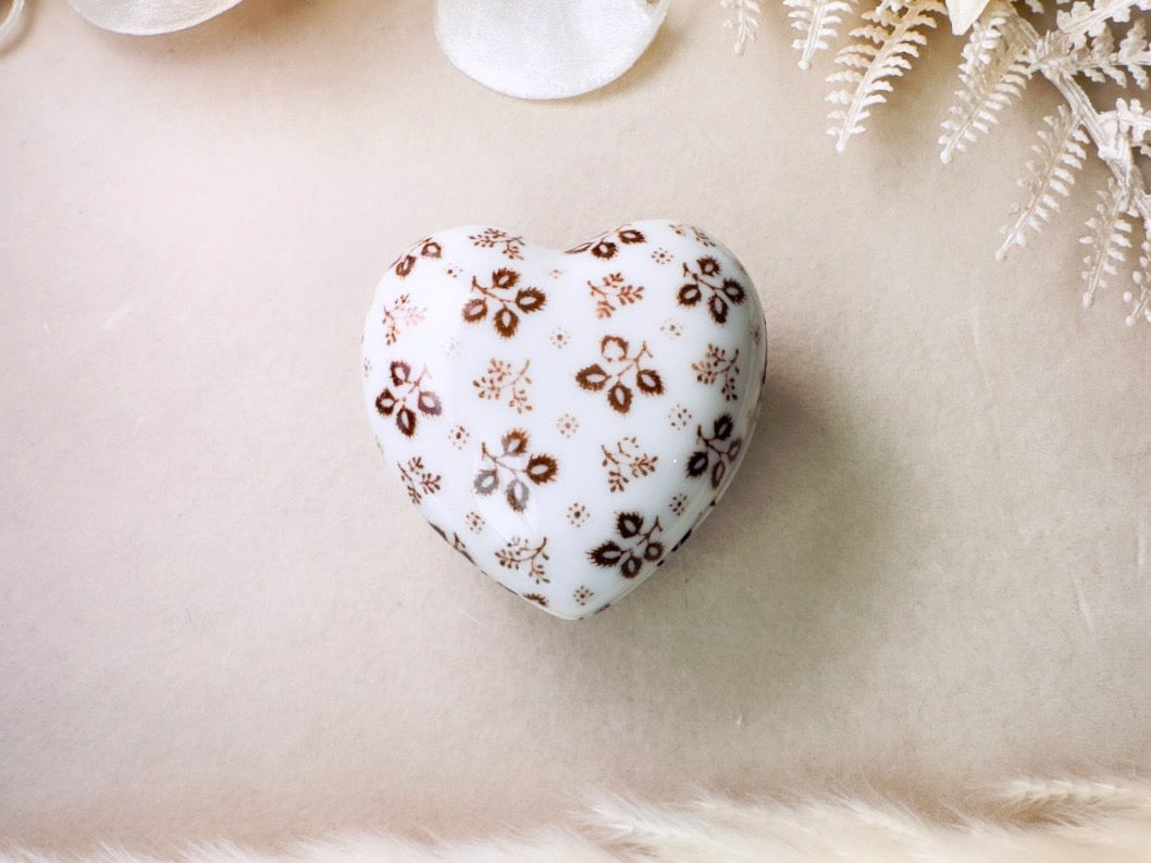 Heart Jewelry Box, Vintage Milk Glass Japanese Trinket Box, White Porcelain Fine China with Brown Flowers