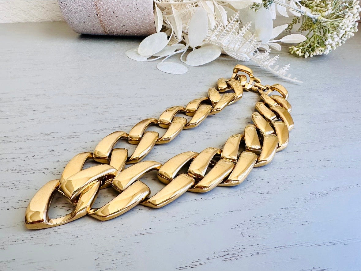Gold Napier Necklace, Bold Gold Chain Designer Vintage Necklace, 80s Gold Chain Choker Necklace