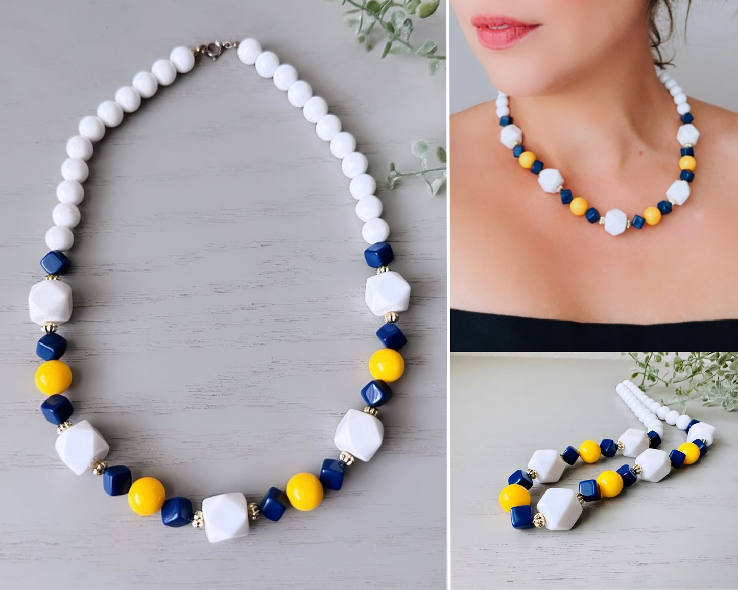 Navy Yellow White Beaded Acrylic Necklace, Classic Vintage Bead Necklace, White and Gold Colorful Unique Geometric Necklace, Summer Fashion