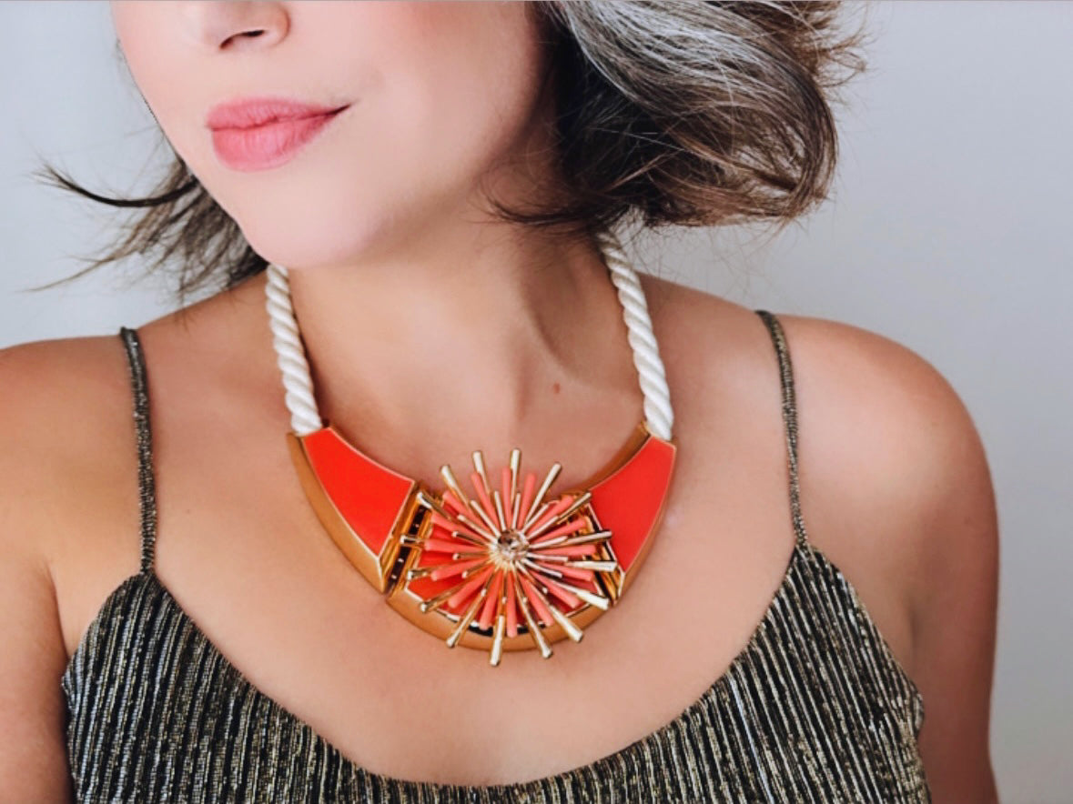 Coral and Gold Vintage Statement Necklace, Oversized Bib Necklace, Gold and Orange Pink Vintage Vince Camuto Designer, Big Holiday Necklace