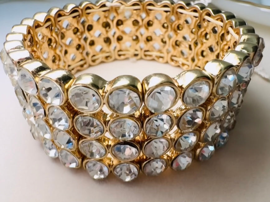 Vintage Rhinestone Stretch Bracelet, Sparkling Wide Band 4 Four Layer Cuff