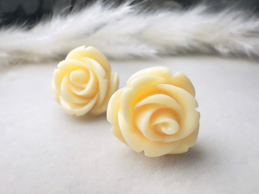 Ivory Rose Earrings, Big Buttercream Flower Stud Earrings, Resin Cabochon Rosette Post Earrings with Hypoallergenic Posts