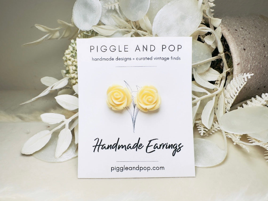Ivory Rose Earrings, Big Buttercream Flower Stud Earrings, Resin Cabochon Rosette Post Earrings with Hypoallergenic Posts