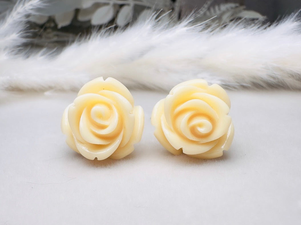 Ivory Rose Earrings, Big Buttercream Flower Stud Earrings, Resin Cabochon Rosette Post Earrings with Hypoallergenic Posts