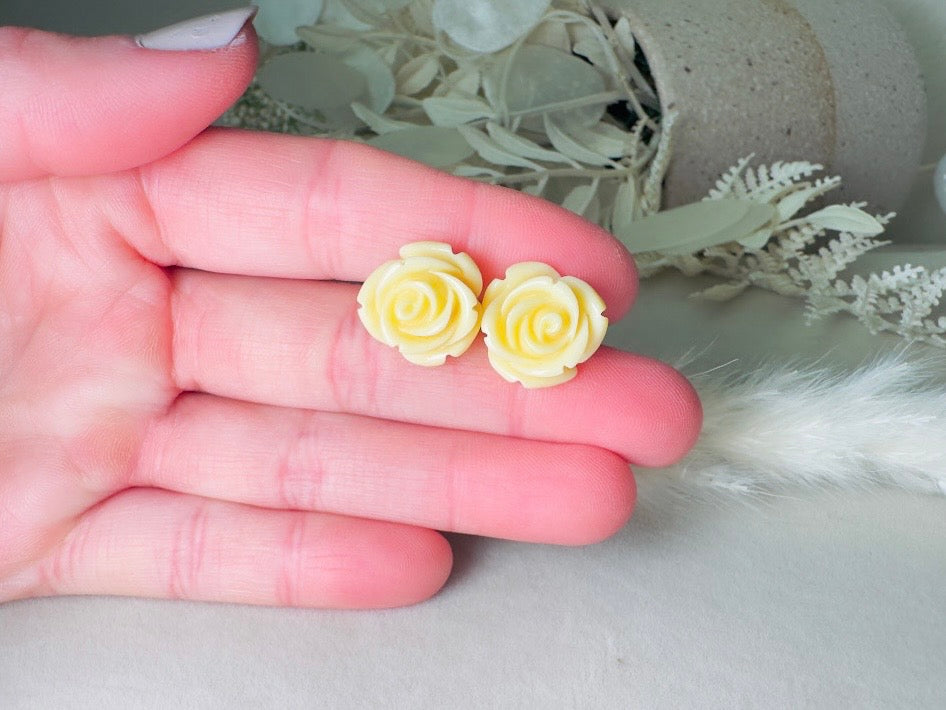 Ivory Rose Earrings, Big Buttercream Flower Stud Earrings, Resin Cabochon Rosette Post Earrings with Hypoallergenic Posts