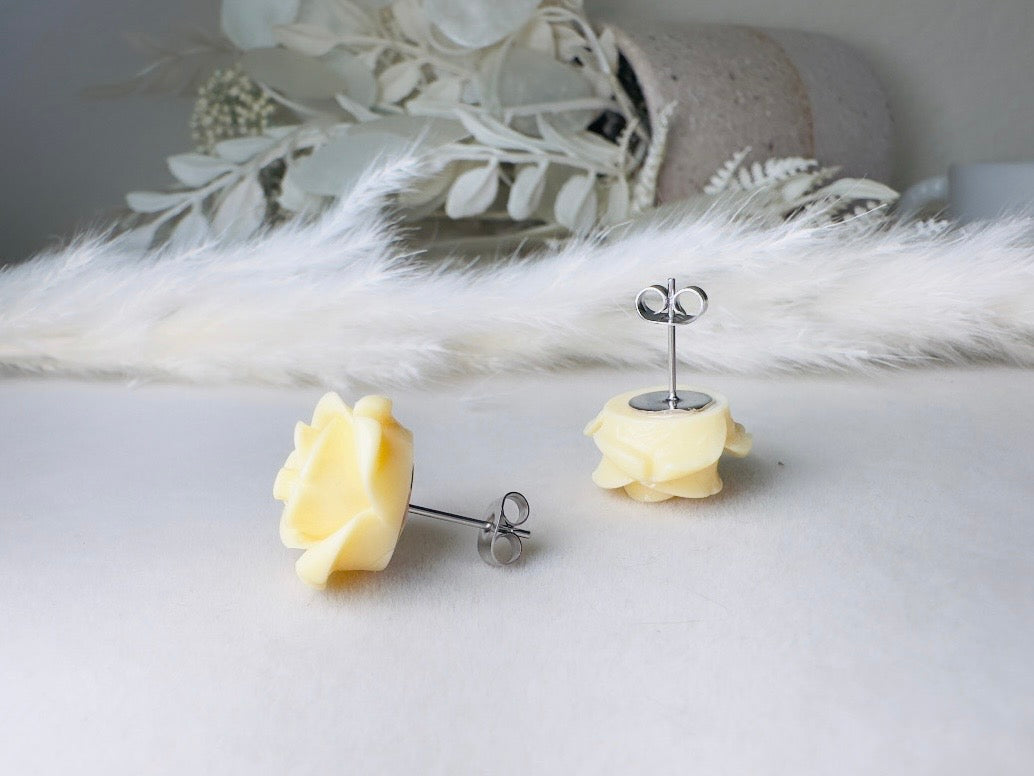 Ivory Rose Earrings, Big Buttercream Flower Stud Earrings, Resin Cabochon Rosette Post Earrings with Hypoallergenic Posts