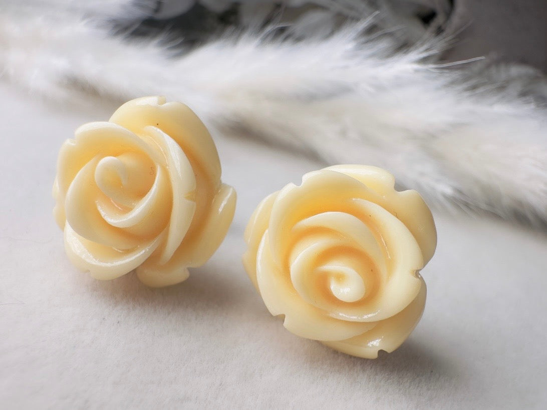 Ivory Rose Earrings, Big Buttercream Flower Stud Earrings, Resin Cabochon Rosette Post Earrings with Hypoallergenic Posts