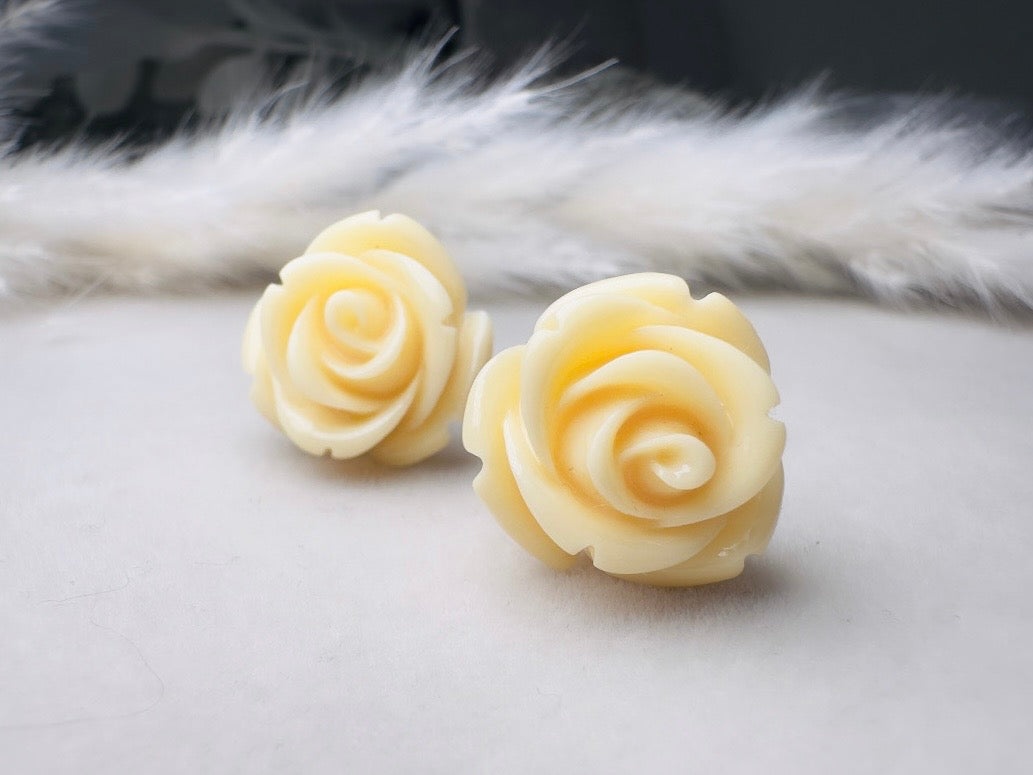 Ivory Rose Earrings, Big Buttercream Flower Stud Earrings, Resin Cabochon Rosette Post Earrings with Hypoallergenic Posts