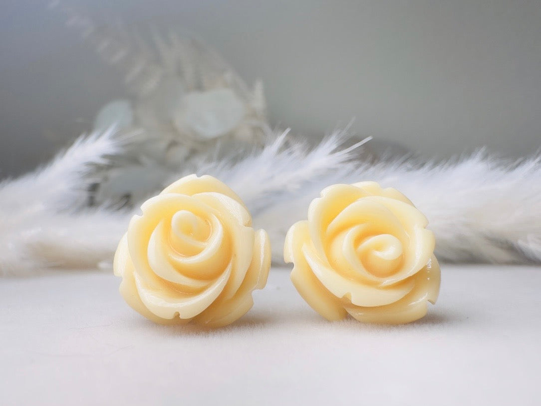 Ivory Rose Earrings, Big Buttercream Flower Stud Earrings, Resin Cabochon Rosette Post Earrings with Hypoallergenic Posts