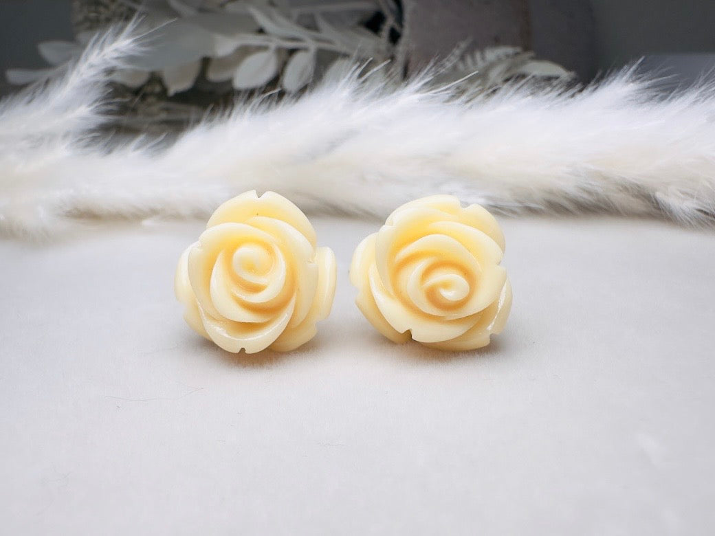 Ivory Rose Earrings, Big Buttercream Flower Stud Earrings, Resin Cabochon Rosette Post Earrings with Hypoallergenic Posts
