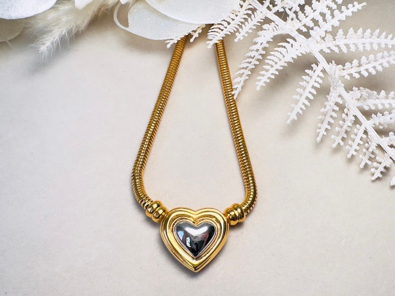 Joan Rivers Gold and Silver Heart Necklace, Vintage Mixed Metals Pendant on Snake Chain