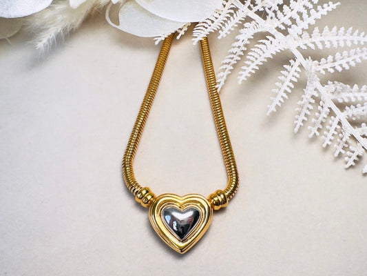 Joan Rivers Gold and Silver Heart Necklace, Vintage Mixed Metals Pendant on Snake Chain