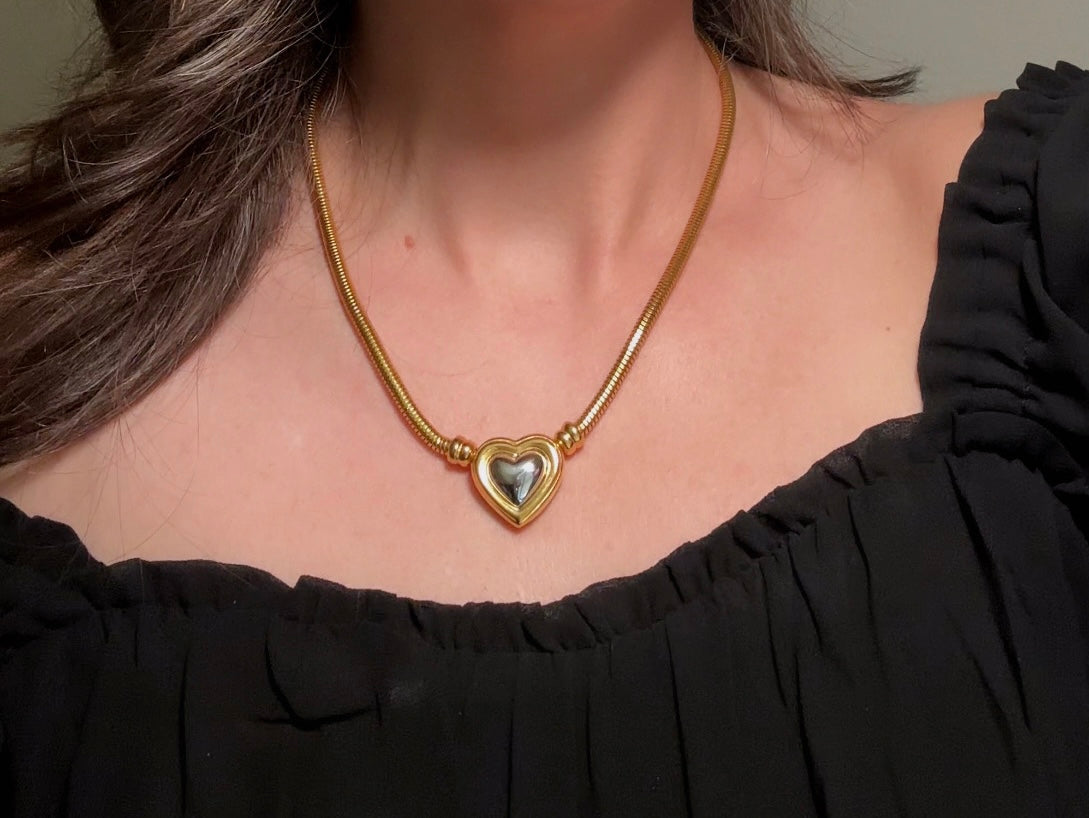 Joan Rivers Gold and Silver Heart Necklace, Vintage Mixed Metals Pendant on Snake Chain