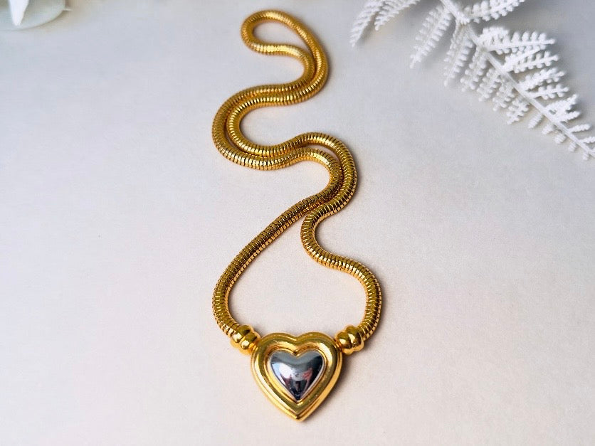 Joan Rivers Gold and Silver Heart Necklace, Vintage Mixed Metals Pendant on Snake Chain