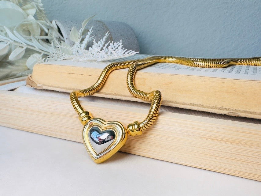 Joan Rivers Gold and Silver Heart Necklace, Vintage Mixed Metals Pendant on Snake Chain