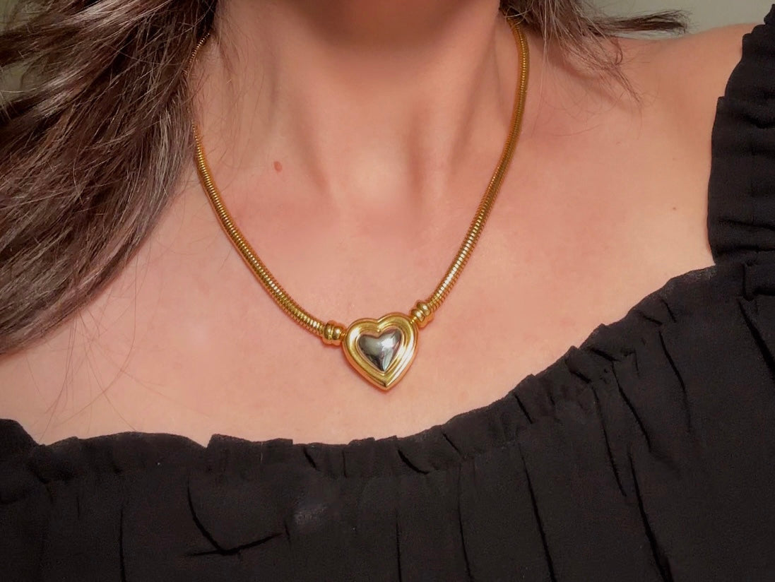Joan Rivers Gold and Silver Heart Necklace, Vintage Mixed Metals Pendant on Snake Chain