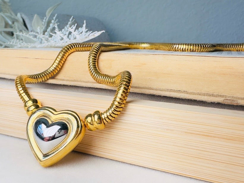 Joan Rivers Gold and Silver Heart Necklace, Vintage Mixed Metals Pendant on Snake Chain
