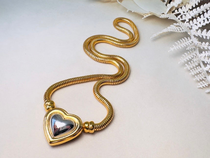 Joan Rivers Gold and Silver Heart Necklace, Vintage Mixed Metals Pendant on Snake Chain