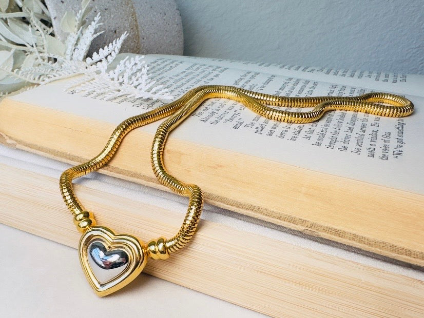 Joan Rivers Gold and Silver Heart Necklace, Vintage Mixed Metals Pendant on Snake Chain