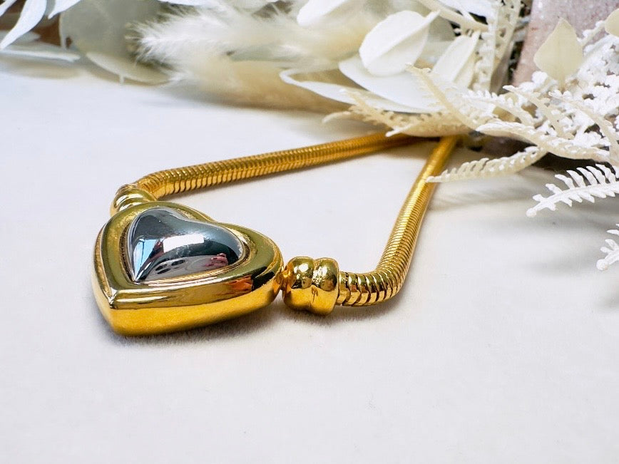 Joan Rivers Gold and Silver Heart Necklace, Vintage Mixed Metals Pendant on Snake Chain