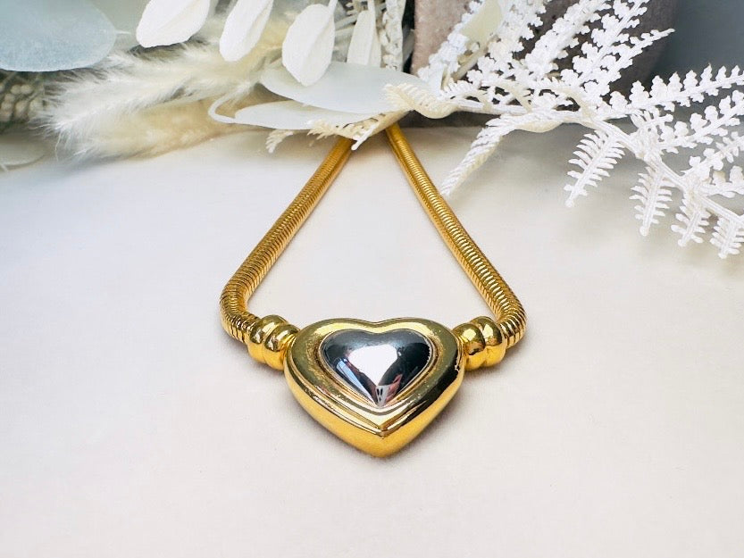 Joan Rivers Gold and Silver Heart Necklace, Vintage Mixed Metals Pendant on Snake Chain