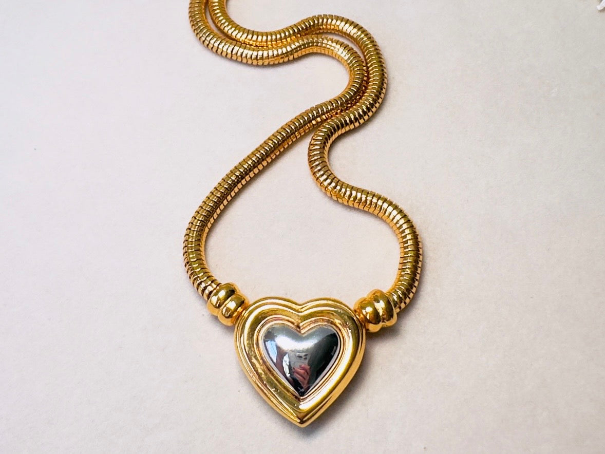 Joan Rivers Gold and Silver Heart Necklace, Vintage Mixed Metals Pendant on Snake Chain