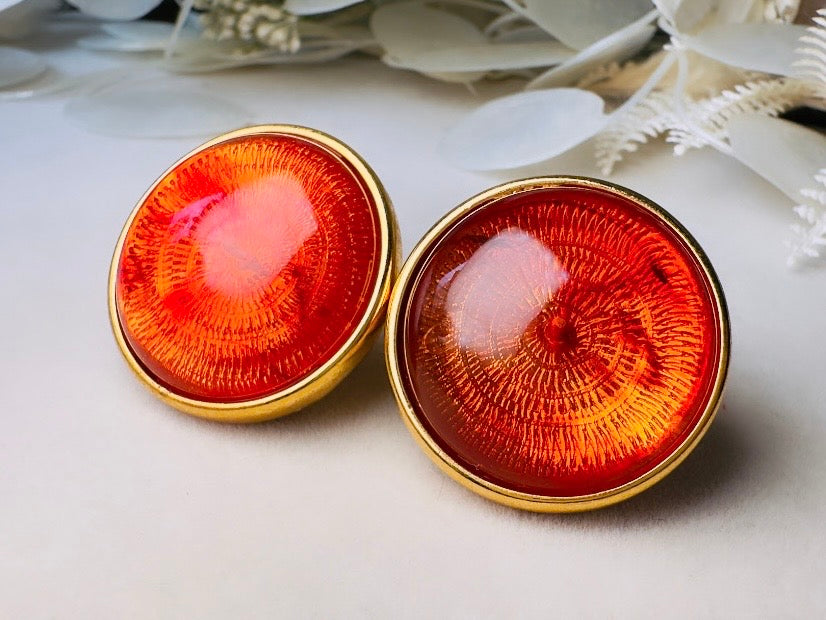 Joan Rivers Vintage Earrings, Glowing Faux Amber and Gold Statement Earrings, Domed Lucite Clip Ons