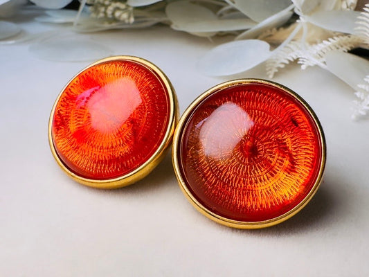 Joan Rivers Vintage Earrings, Glowing Faux Amber and Gold Statement Earrings, Domed Lucite Clip Ons