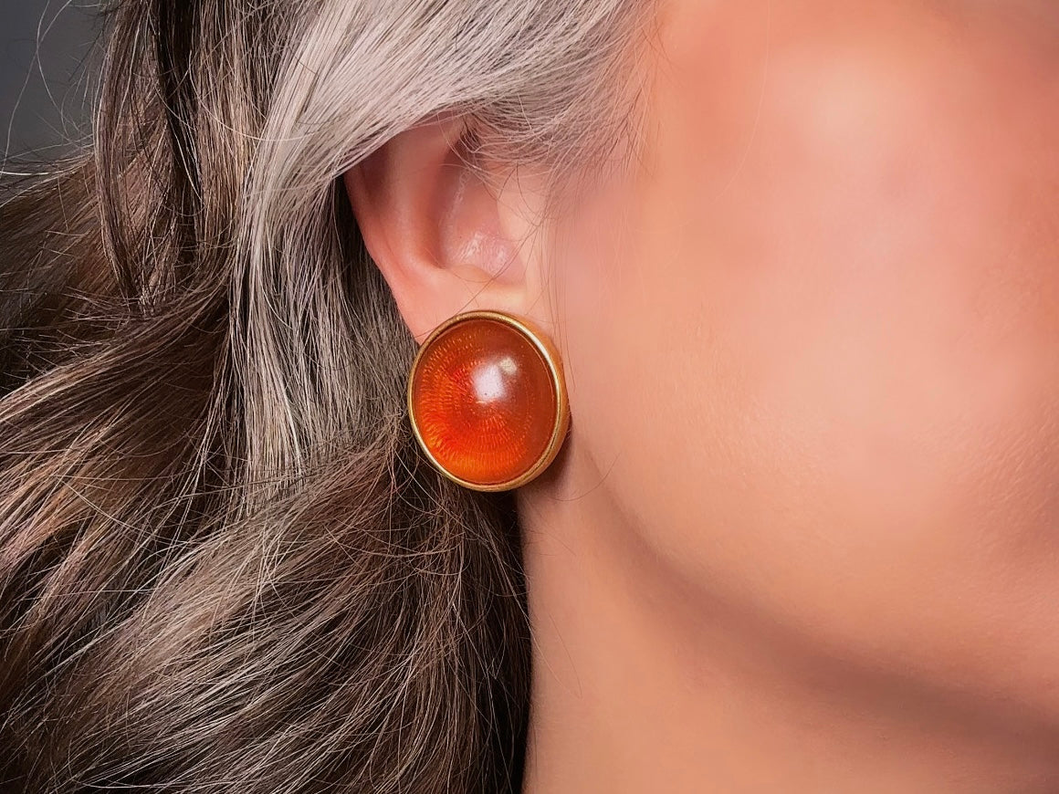 Joan Rivers Vintage Earrings, Glowing Faux Amber and Gold Statement Earrings, Domed Lucite Clip Ons