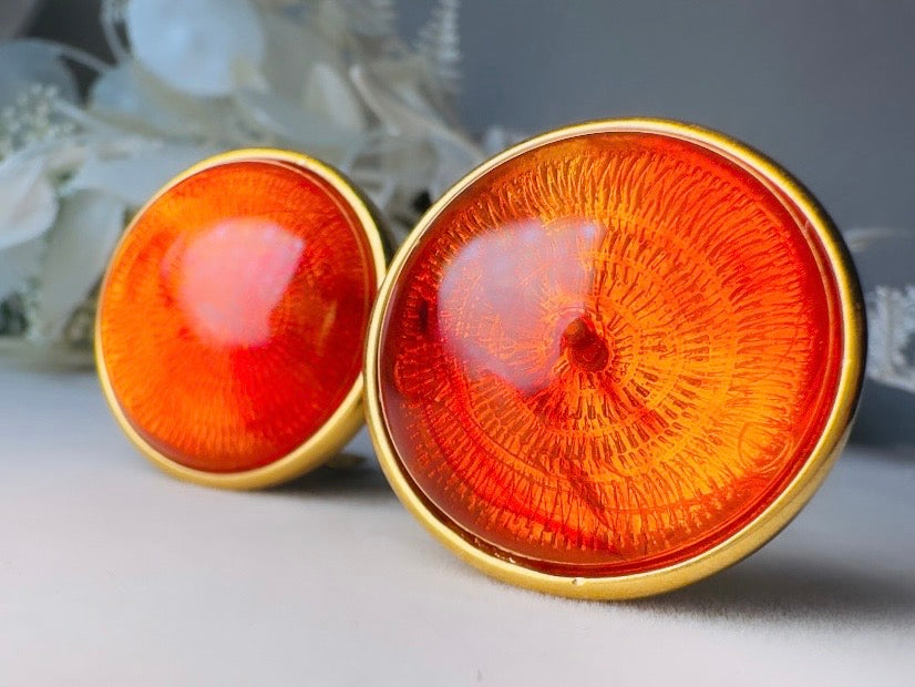 Joan Rivers Vintage Earrings, Glowing Faux Amber and Gold Statement Earrings, Domed Lucite Clip Ons