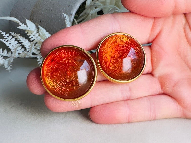 Joan Rivers Vintage Earrings, Glowing Faux Amber and Gold Statement Earrings, Domed Lucite Clip Ons