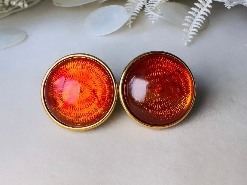 Joan Rivers Vintage Earrings, Glowing Faux Amber and Gold Statement Earrings, Domed Lucite Clip Ons