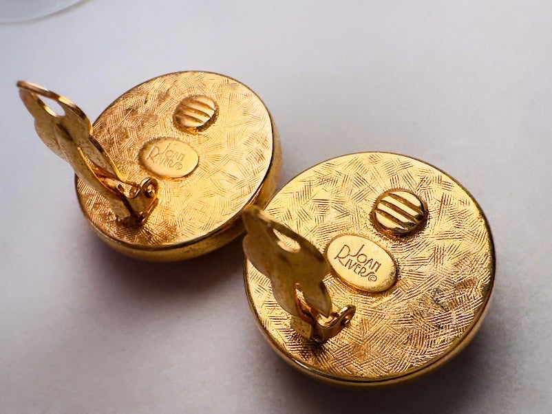 Joan Rivers Vintage Earrings, Glowing Faux Amber and Gold Statement Earrings, Domed Lucite Clip Ons