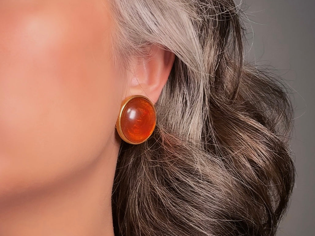 Joan Rivers Vintage Earrings, Glowing Faux Amber and Gold Statement Earrings, Domed Lucite Clip Ons