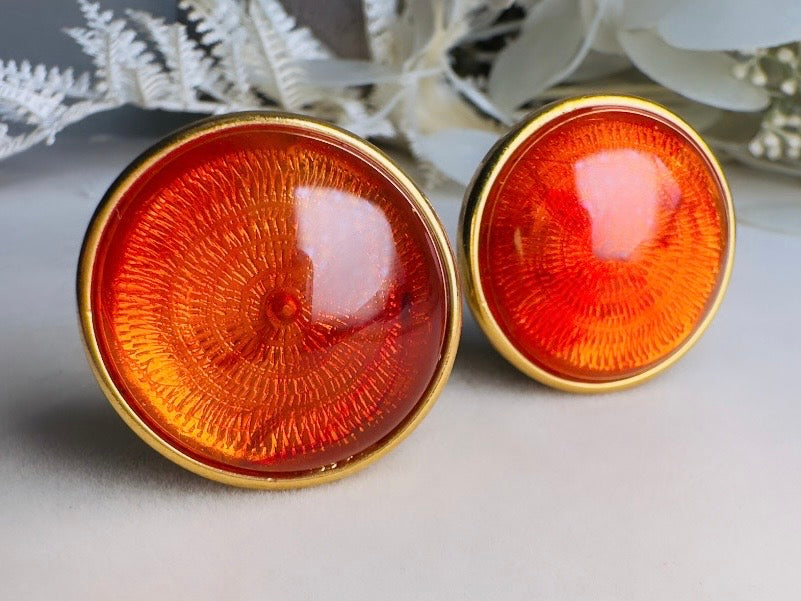 Joan Rivers Vintage Earrings, Glowing Faux Amber and Gold Statement Earrings, Domed Lucite Clip Ons