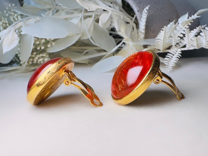 Joan Rivers Vintage Earrings, Glowing Faux Amber and Gold Statement Earrings, Domed Lucite Clip Ons
