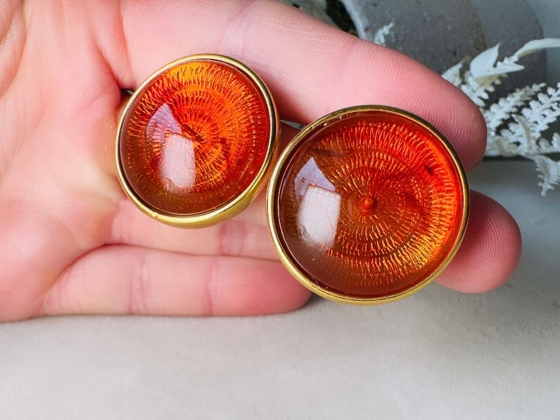 Joan Rivers Vintage Earrings, Glowing Faux Amber and Gold Statement Earrings, Domed Lucite Clip Ons