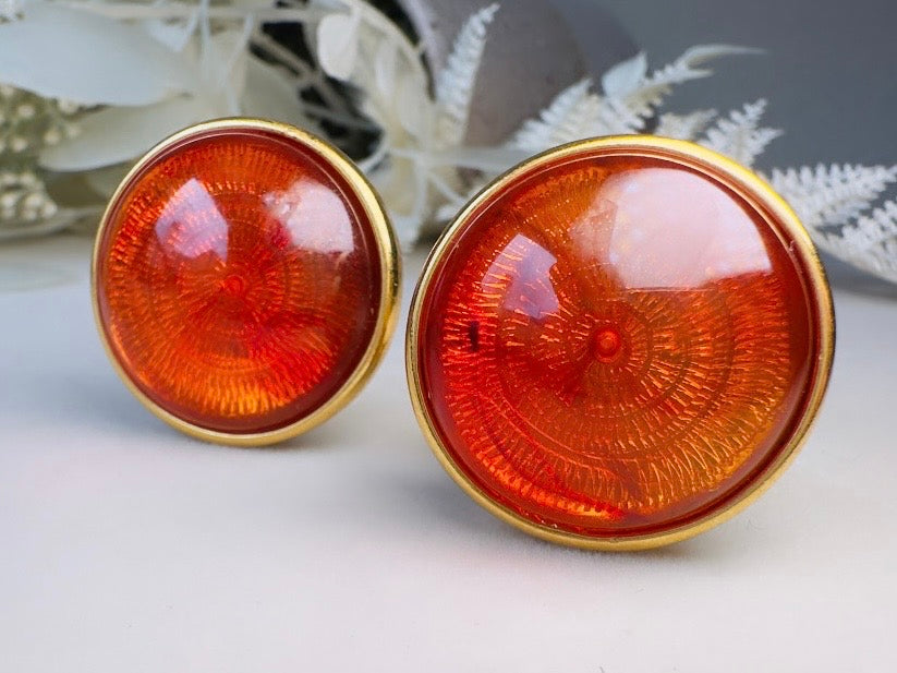 Joan Rivers Vintage Earrings, Glowing Faux Amber and Gold Statement Earrings, Domed Lucite Clip Ons