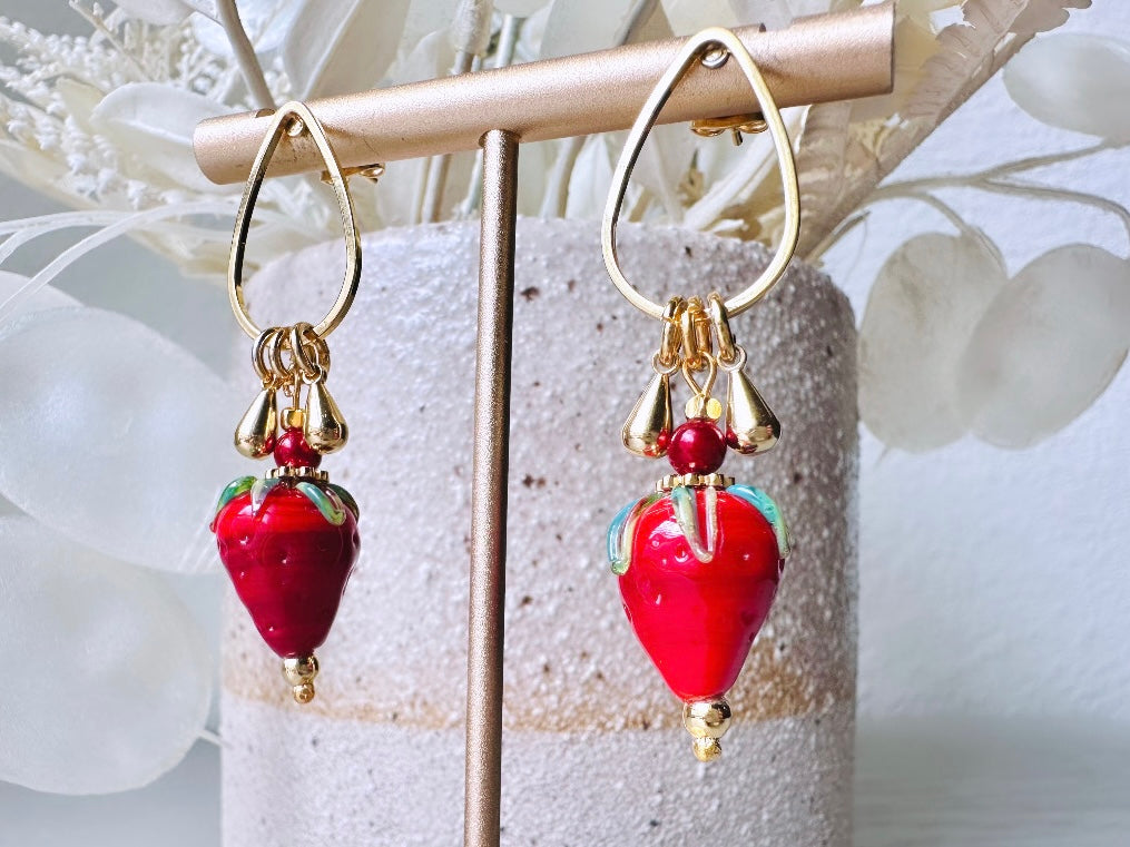 Strawberry Earrings, Original Handmade 24k Gold + Murano Glass Earring, Unique Fruit Charm Earrings, Glass Strawberry Earrings Pink or Red from Piggle and Pop