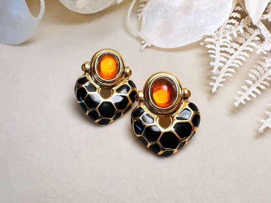 KJL Petite Animal Print Door Knocker Vintage Pierced Earrings, Kenneth Jay Lane Black and Gold Earrings with Amber Cabochons