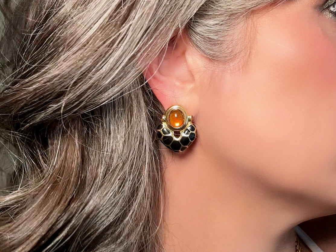KJL Petite Animal Print Door Knocker Vintage Pierced Earrings, Kenneth Jay Lane Black and Gold Earrings with Amber Cabochons
