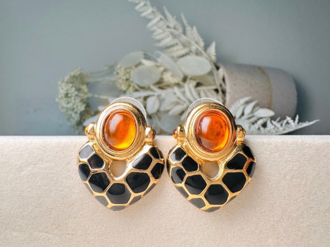 KJL Petite Animal Print Door Knocker Vintage Pierced Earrings, Kenneth Jay Lane Black and Gold Earrings with Amber Cabochons