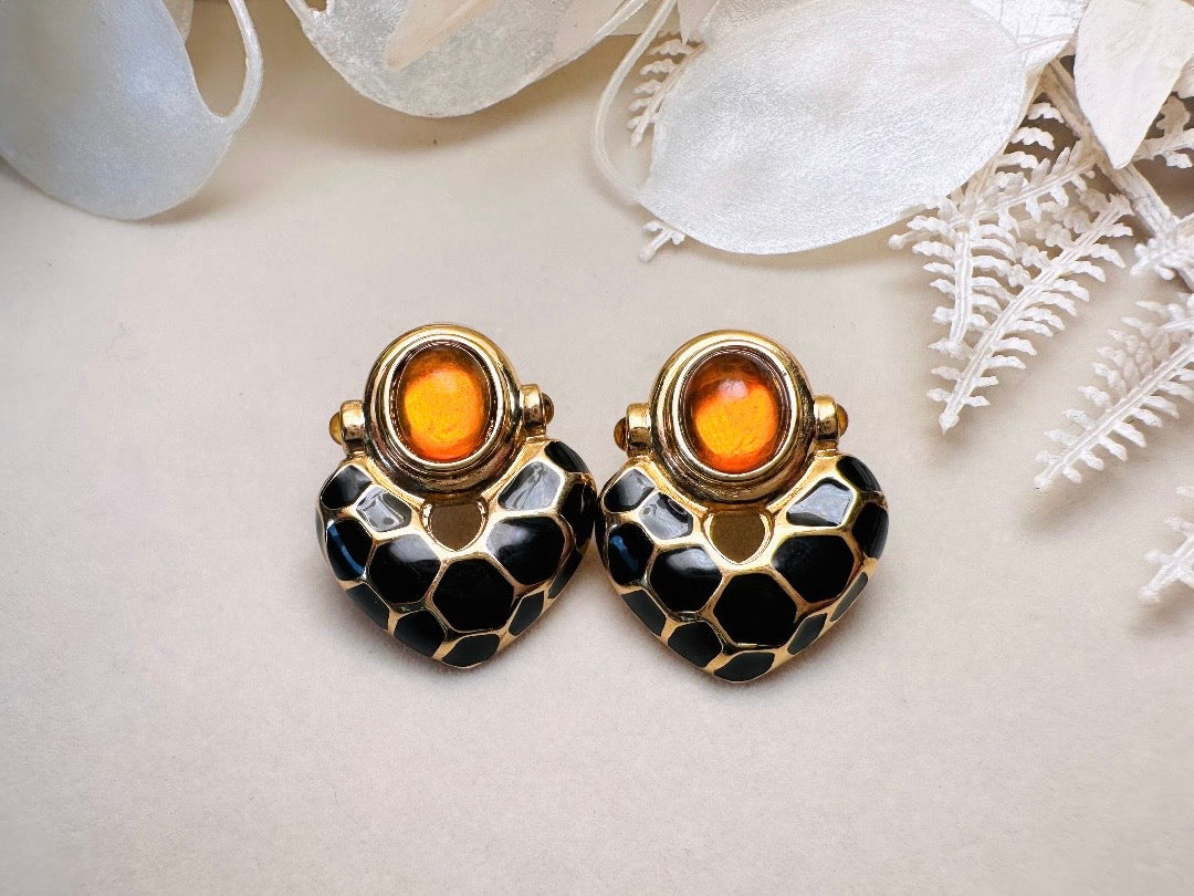 KJL Petite Animal Print Door Knocker Vintage Pierced Earrings, Kenneth Jay Lane Black and Gold Earrings with Amber Cabochons
