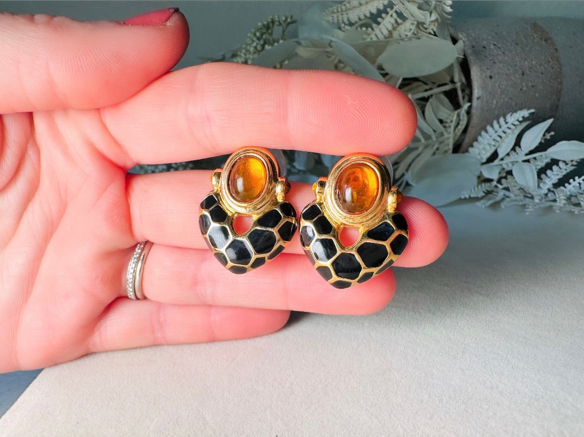 KJL Petite Animal Print Door Knocker Vintage Pierced Earrings, Kenneth Jay Lane Black and Gold Earrings with Amber Cabochons