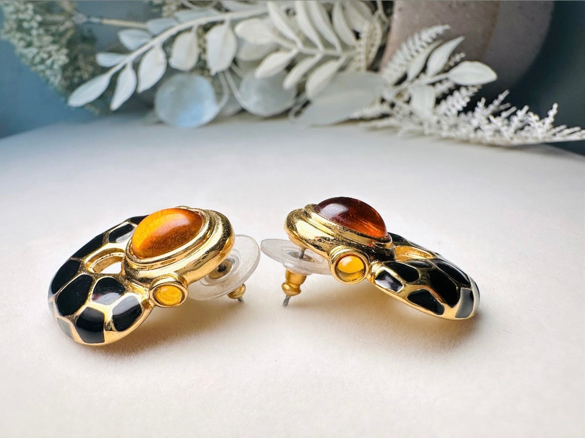 KJL Petite Animal Print Door Knocker Vintage Pierced Earrings, Kenneth Jay Lane Black and Gold Earrings with Amber Cabochons