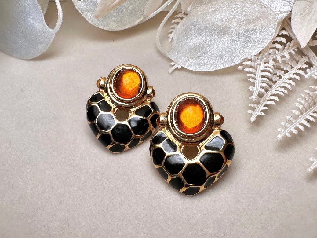 KJL Petite Animal Print Door Knocker Vintage Pierced Earrings, Kenneth Jay Lane Black and Gold Earrings with Amber Cabochons