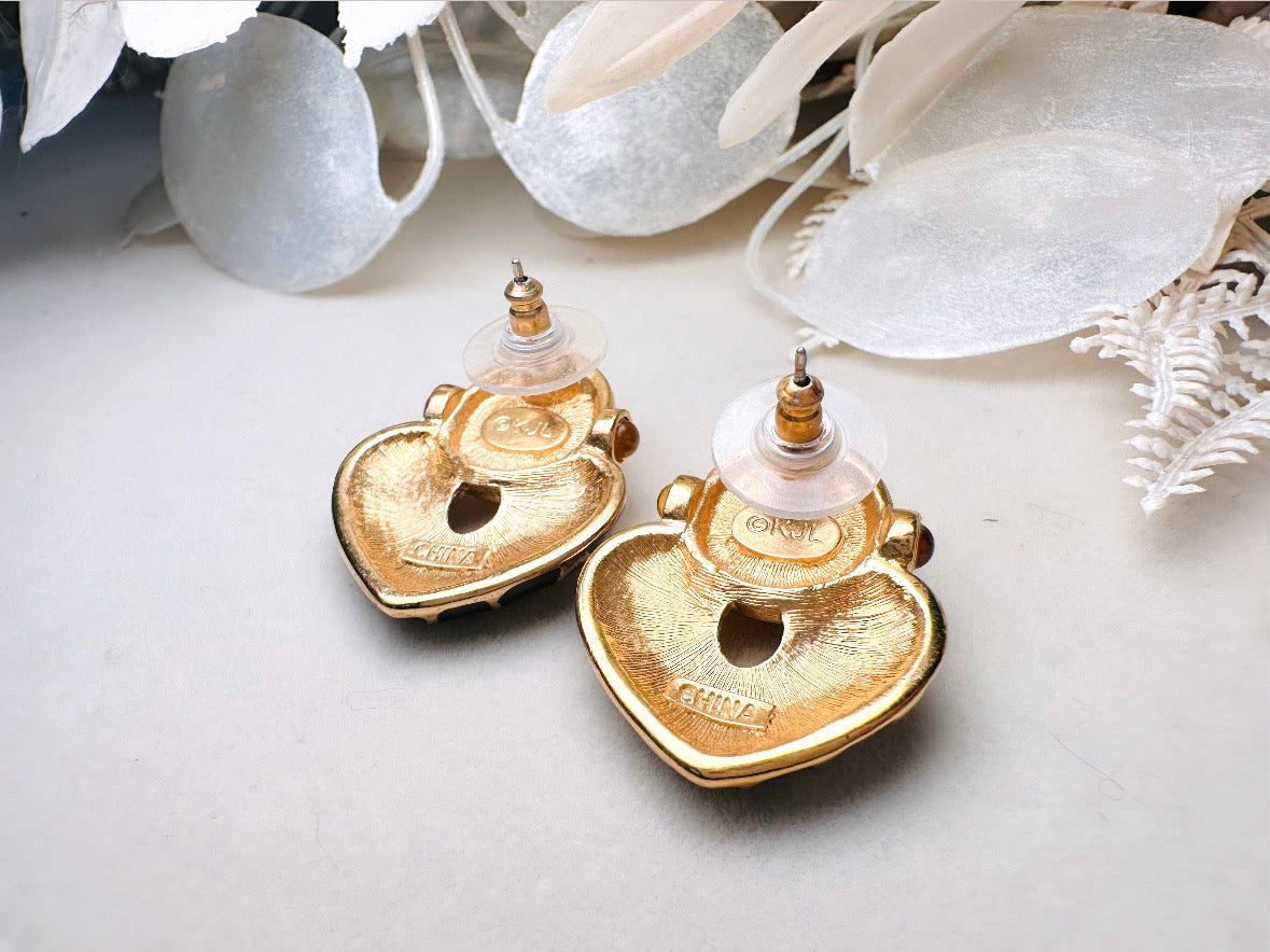KJL Petite Animal Print Door Knocker Vintage Pierced Earrings, Kenneth Jay Lane Black and Gold Earrings with Amber Cabochons